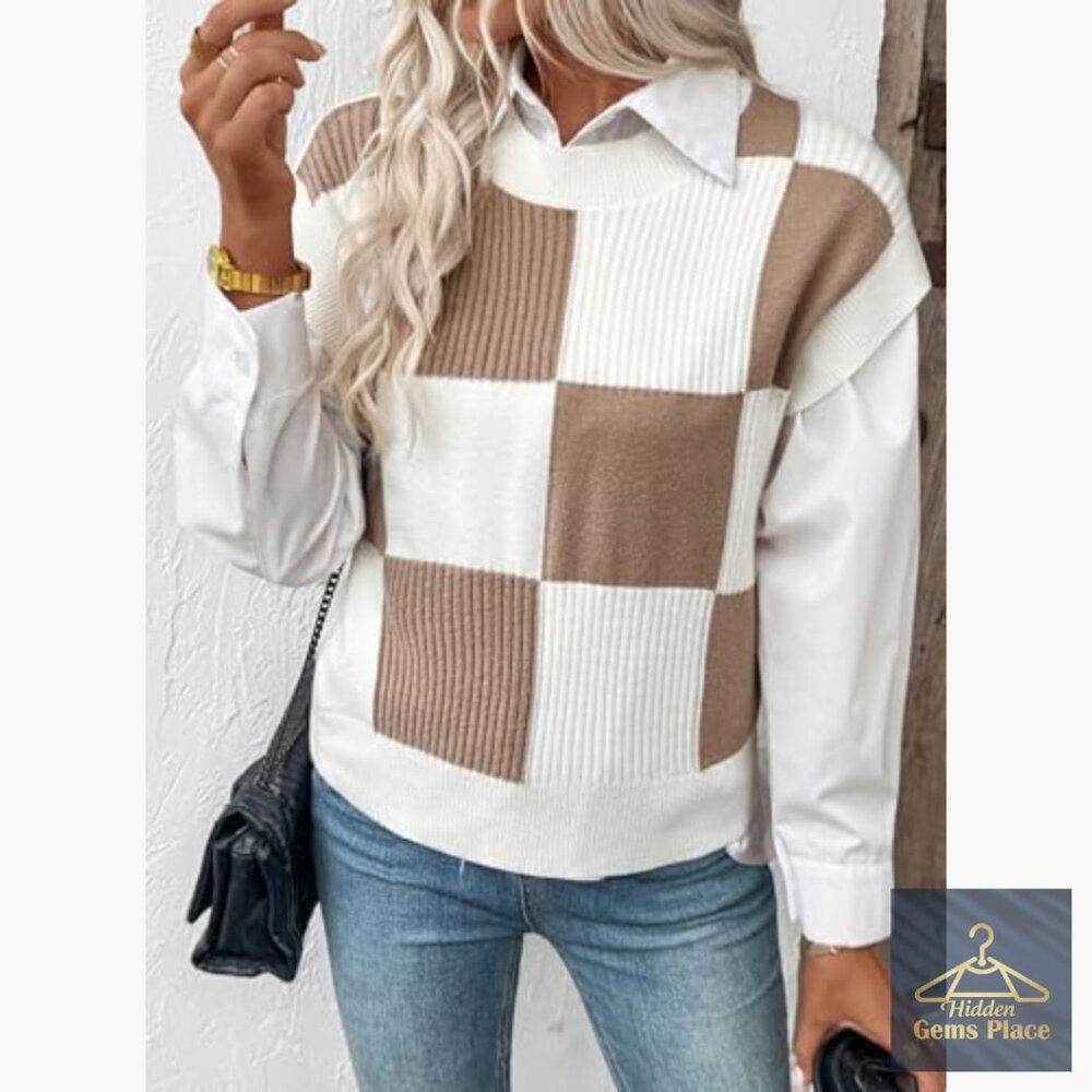 Short Sleeve Crewneck Sweater Vest, Color Block Knit Top, Relaxed Fit - Picture 4 of 7